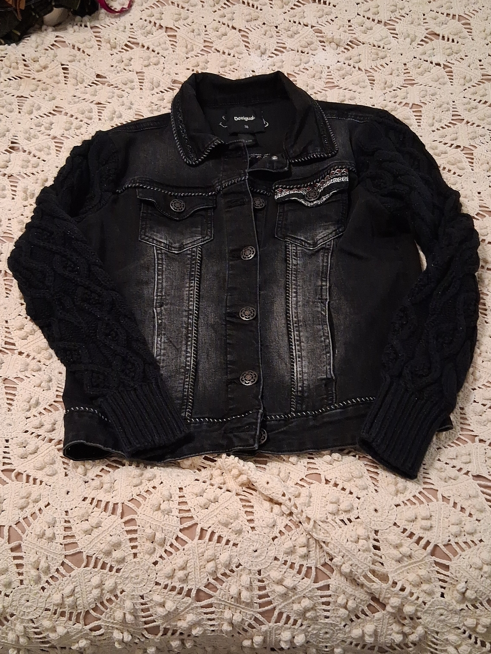 Desigual Black Mixed-Media Jean Jacket with Cable-Knit Sleeves